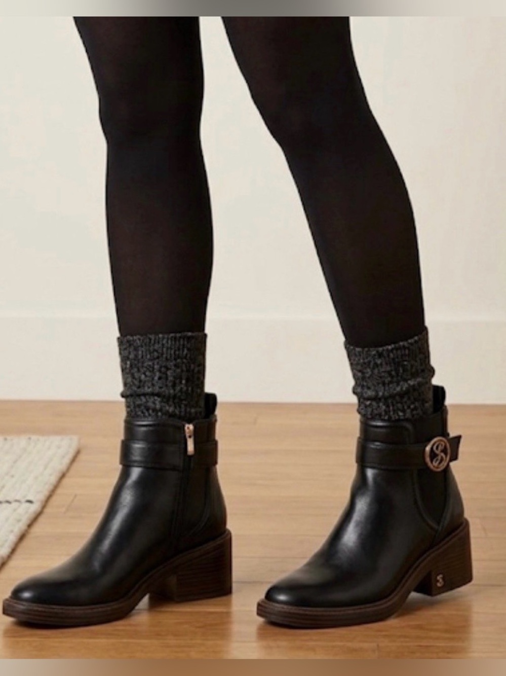 Sam & Libby Natalia Black Leather Ankle Boots with Gold Accent - Women Shoes